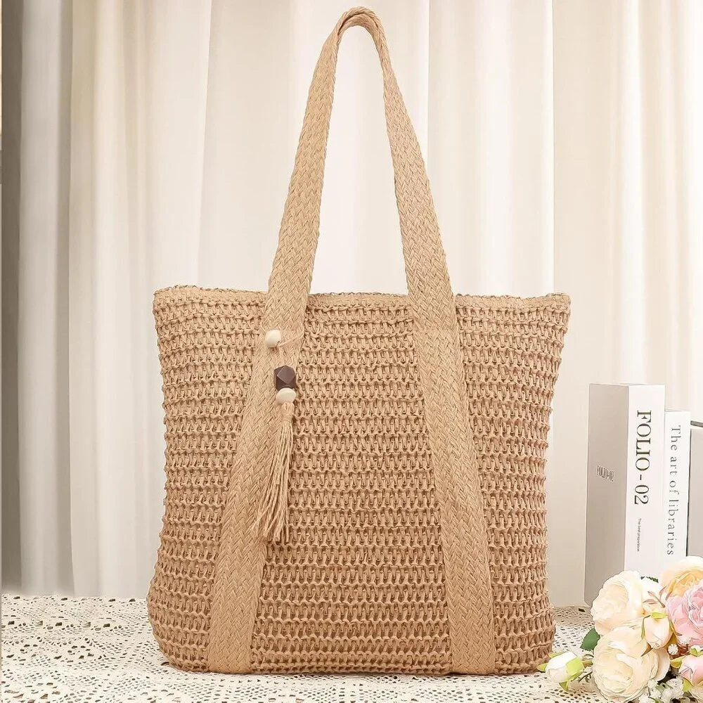 Womens Straw Woven Tote Bag Large Capacity Summer Beach Shoulder Purse